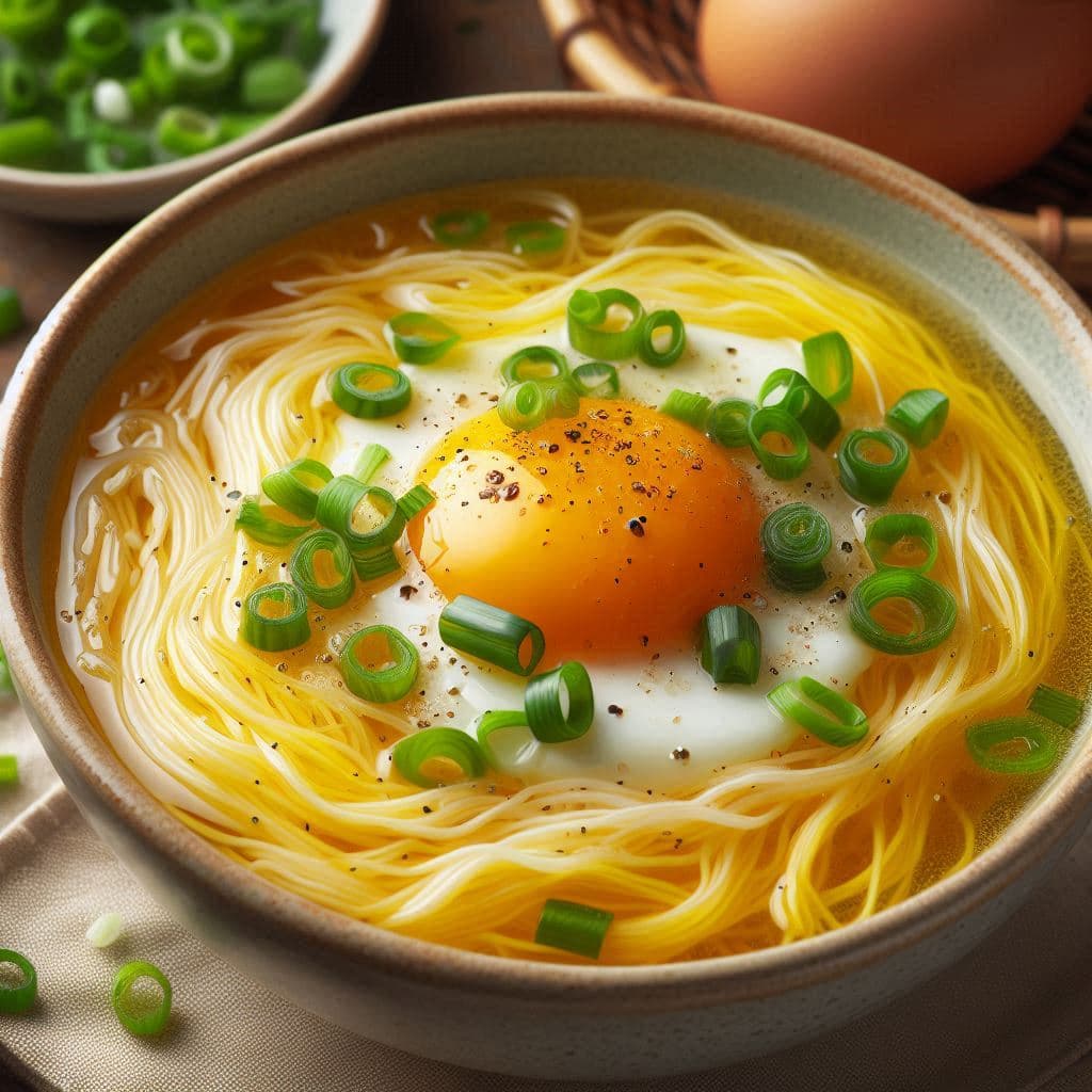 Chinese egg noodle soup topped with green onions and a fried egg.