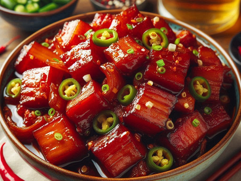 Red Braised Ginger Pork Belly with Pickled Chilies