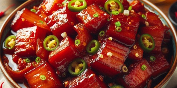 Red Braised Ginger Pork Belly with Pickled Chilies 